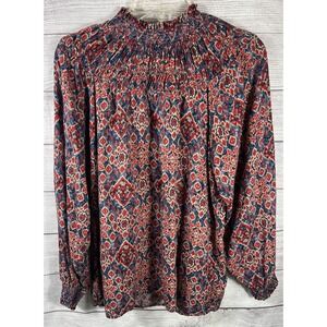 Beachlunchlounge Boho Smocked Neck Blouse Small Red Blue Tribal